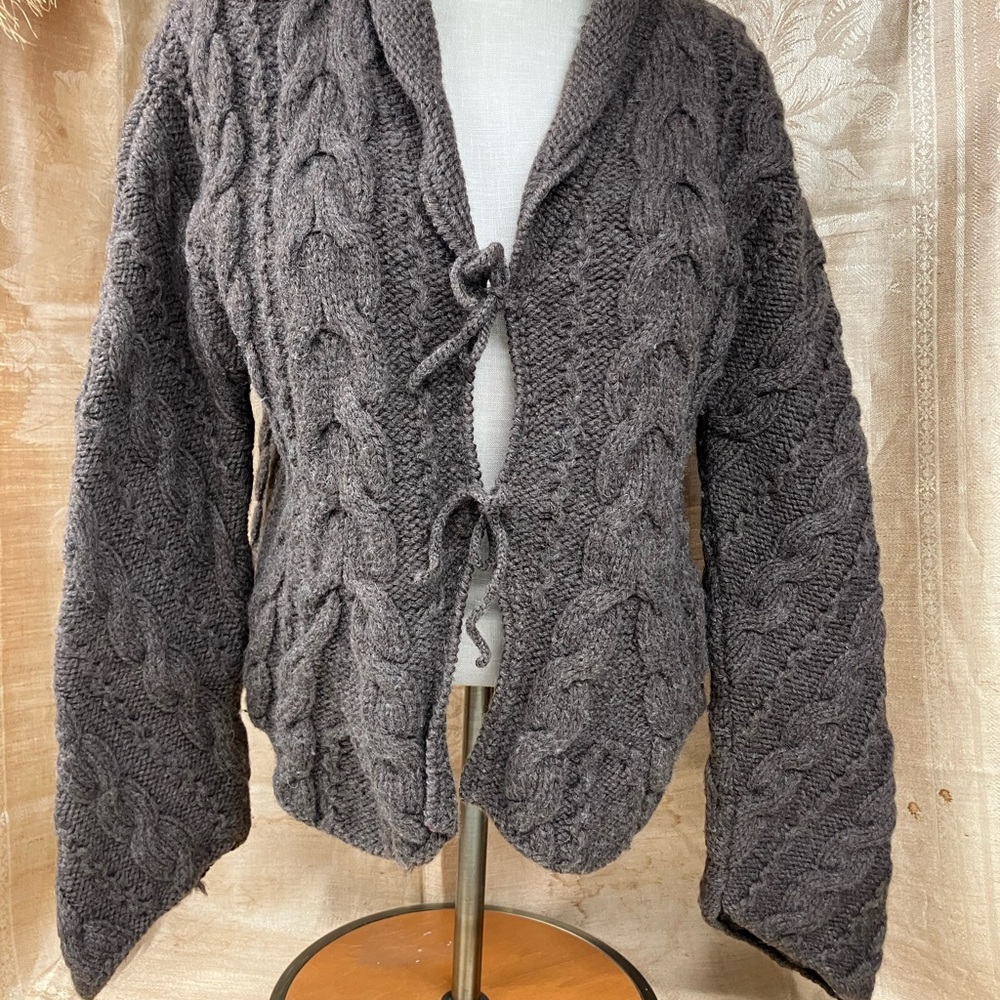 Brown Wool Tie Front Cable Knit Sweater